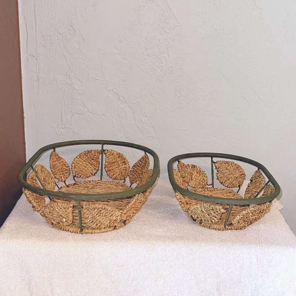 Baskets Set of 2 Metal and Woven Seagrass Leaf Design Oval